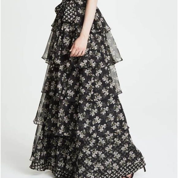 Jill Jill Stuart Black Floral Printed Kiera Ruffle Gown Sleeveless Square Neck 6 - Picture 2 of 9